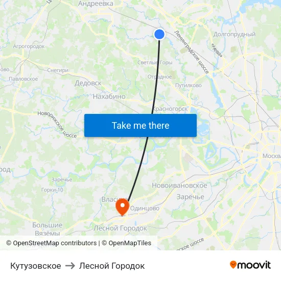 Кутузовское to Лесной Городок map