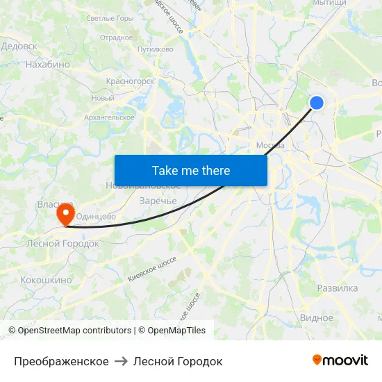 Преображенское to Лесной Городок map
