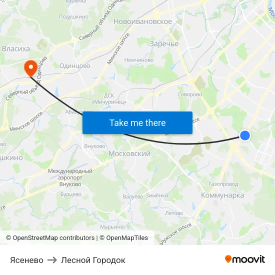 Ясенево to Лесной Городок map