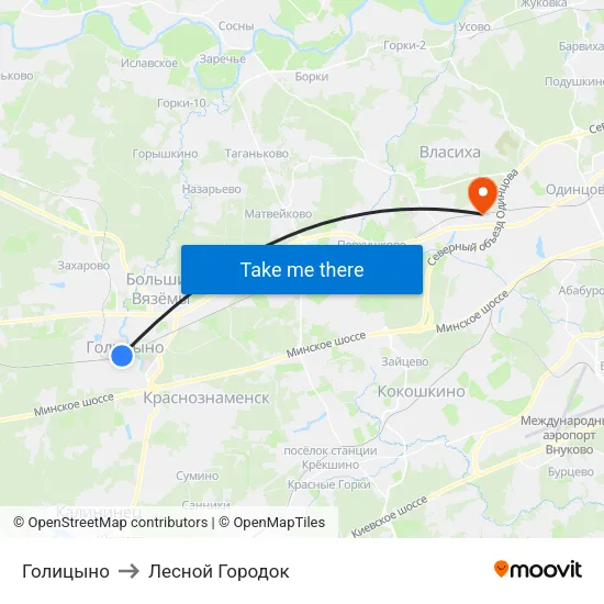 Голицыно to Лесной Городок map
