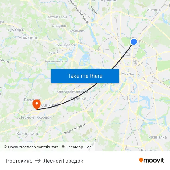 Ростокино to Лесной Городок map