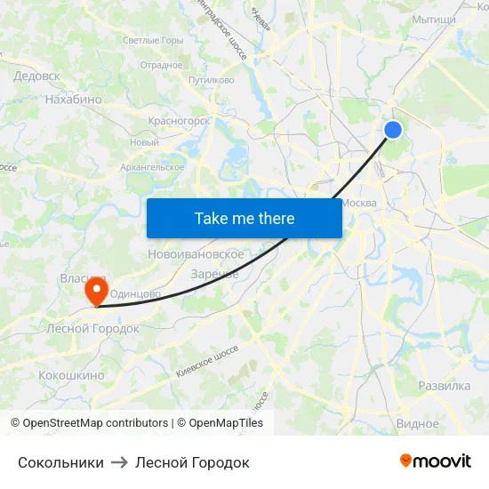 Сокольники to Лесной Городок map