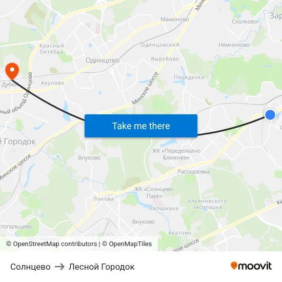 Солнцево to Лесной Городок map