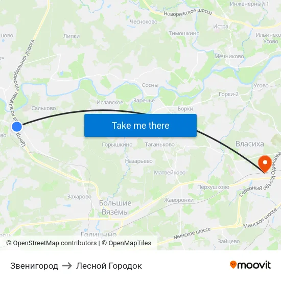 Звенигород to Лесной Городок map