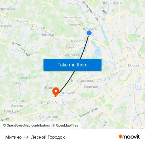 Митино to Лесной Городок map