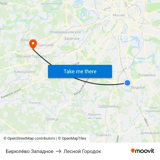 Бирюлёво Западное to Лесной Городок map