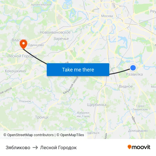Зябликово to Лесной Городок map