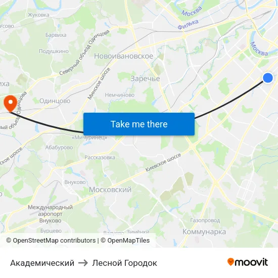 Академический to Лесной Городок map