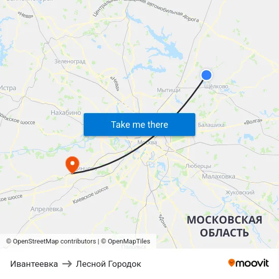 Ивантеевка to Лесной Городок map