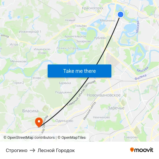 Строгино to Лесной Городок map