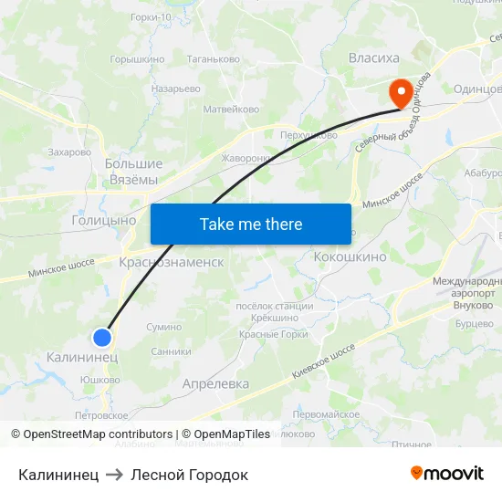 Калининец to Лесной Городок map