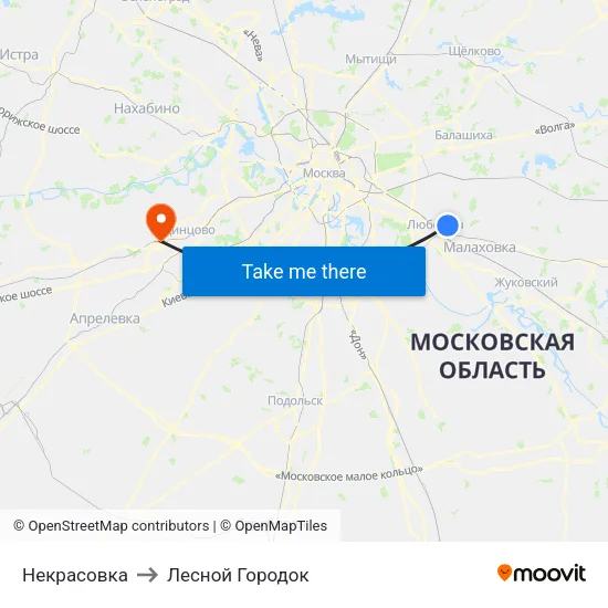 Некрасовка to Лесной Городок map