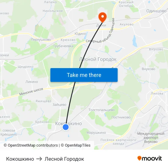 Кокошкино to Лесной Городок map