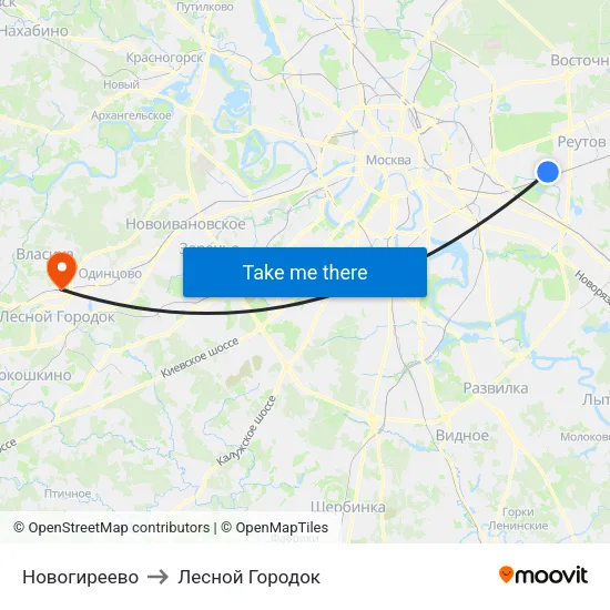 Новогиреево to Лесной Городок map