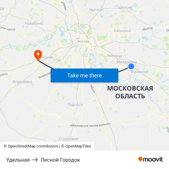 Удельная to Лесной Городок map