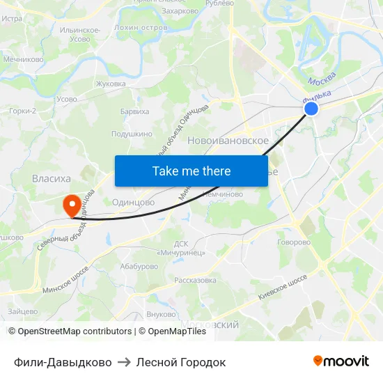 Фили-Давыдково to Лесной Городок map