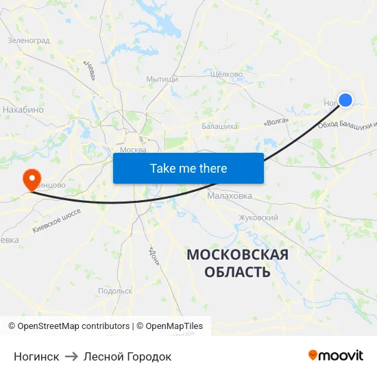 Ногинск to Лесной Городок map