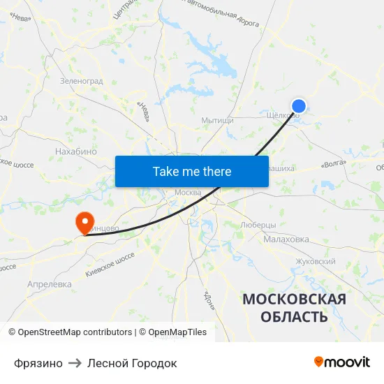 Фрязино to Лесной Городок map