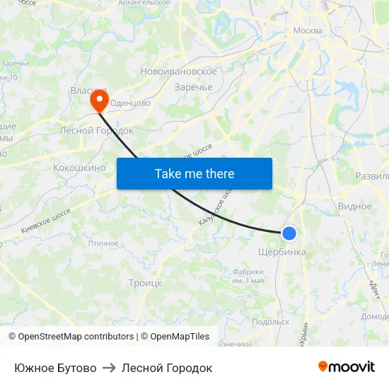 Южное Бутово to Лесной Городок map