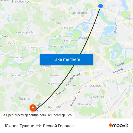 Южное Тушино to Лесной Городок map