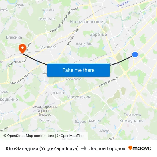 Юго-Западная (Yugo-Zapadnaya) to Лесной Городок map