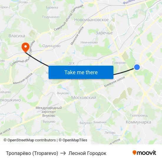 Тропарёво (Troparevo) to Лесной Городок map