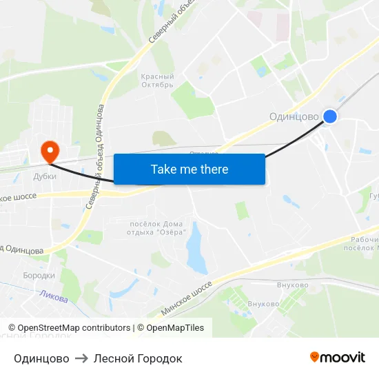 Одинцово to Лесной Городок map