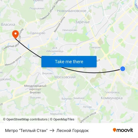 Метро "Теплый Стан" to Лесной Городок map