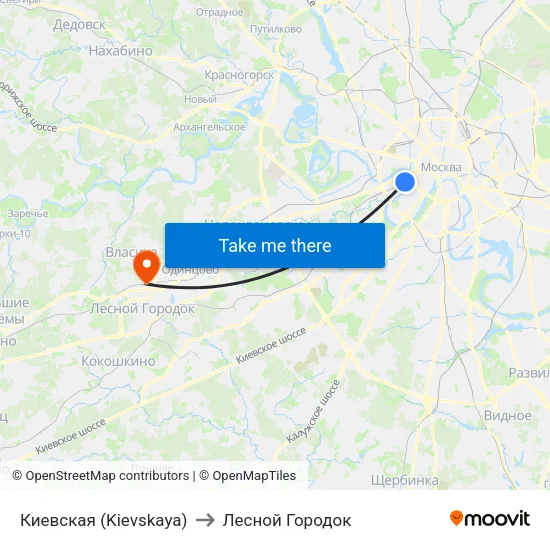Киевская (Kievskaya) to Лесной Городок map