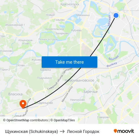 Щукинская (Schukinskaya) to Лесной Городок map