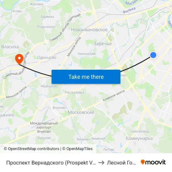 Проспект Вернадского (Prospekt Vernadskogo) to Лесной Городок map