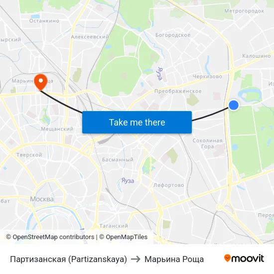 Партизанская (Partizanskaya) to Марьина Роща map