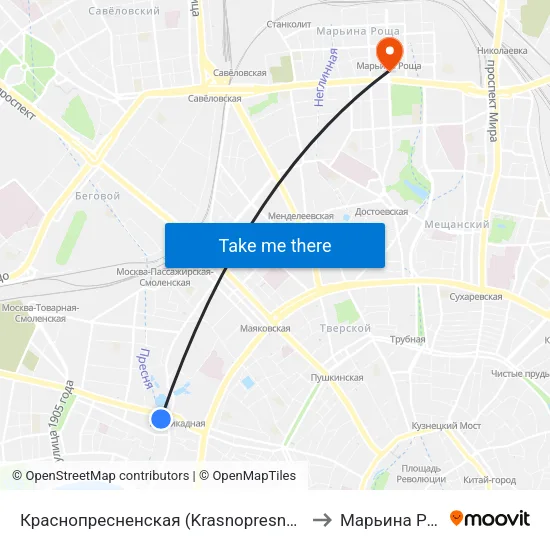 Краснопресненская (Krasnopresnenskaya) to Марьина Роща map