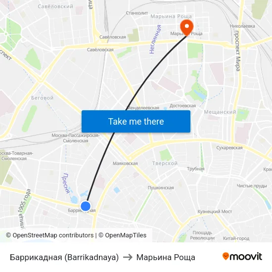 Баррикадная (Barrikadnaya) to Марьина Роща map