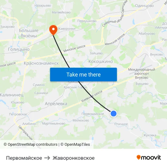 Первомайское to Жаворонковское map