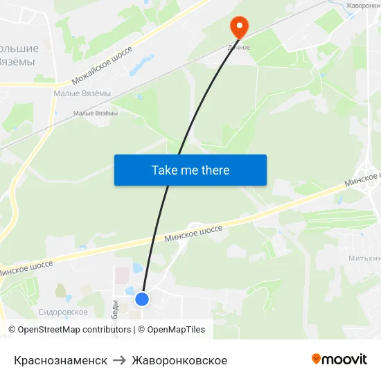 Краснознаменск to Жаворонковское map
