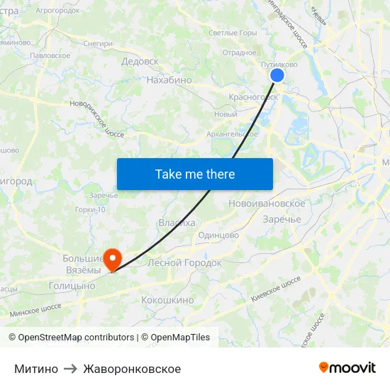 Митино to Жаворонковское map