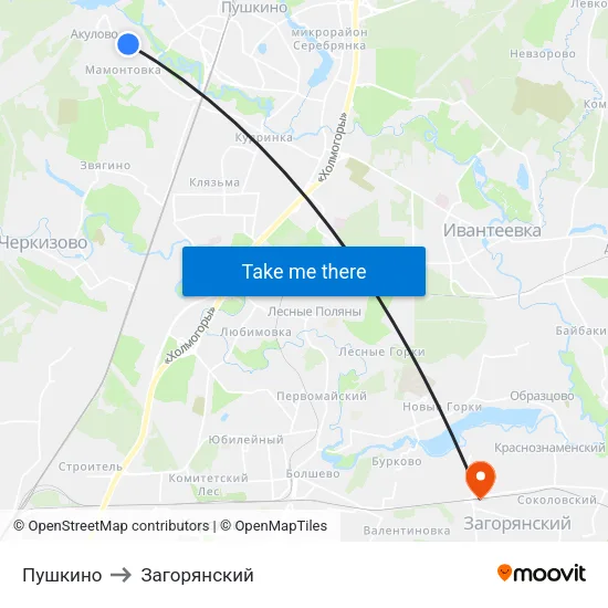 Пушкино to Загорянский map