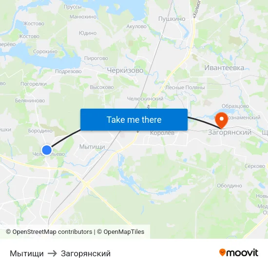 Мытищи to Загорянский map