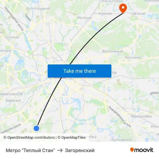 Метро "Теплый Стан" to Загорянский map