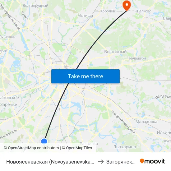 Новоясеневская (Novoyasenevskaya) to Загорянский map