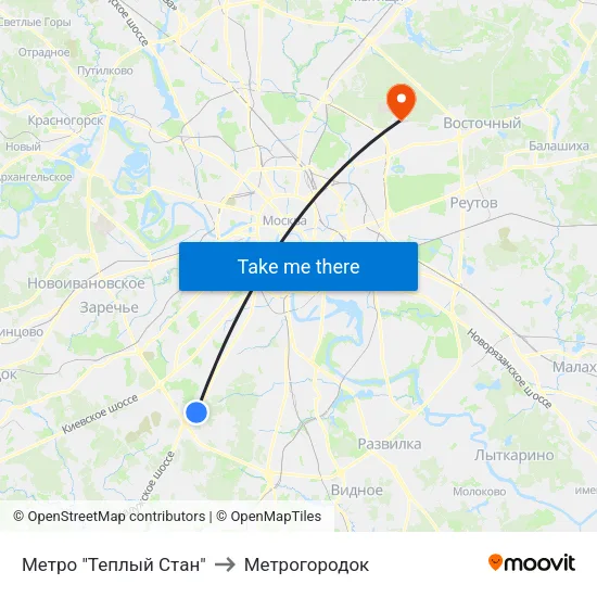 Метро "Теплый Стан" to Метрогородок map