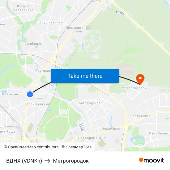 ВДНХ (VDNKh) to Метрогородок map