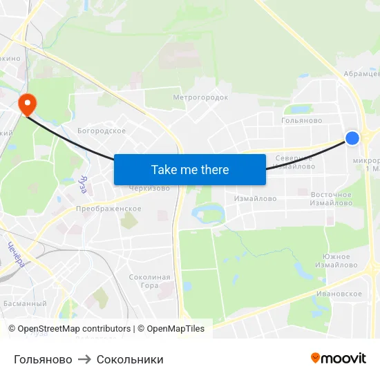 Гольяново to Сокольники map