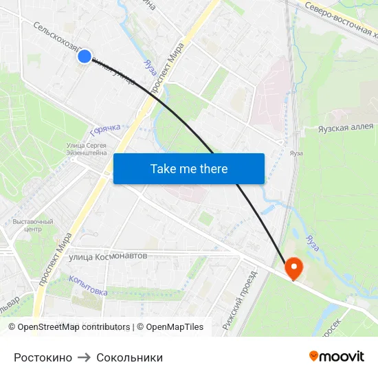 Ростокино to Сокольники map
