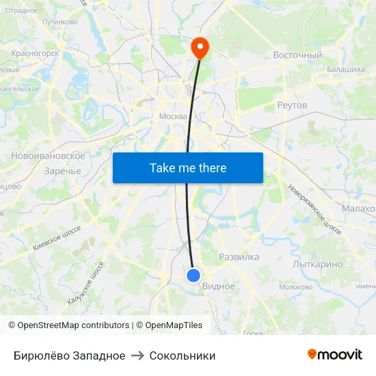 Бирюлёво Западное to Сокольники map