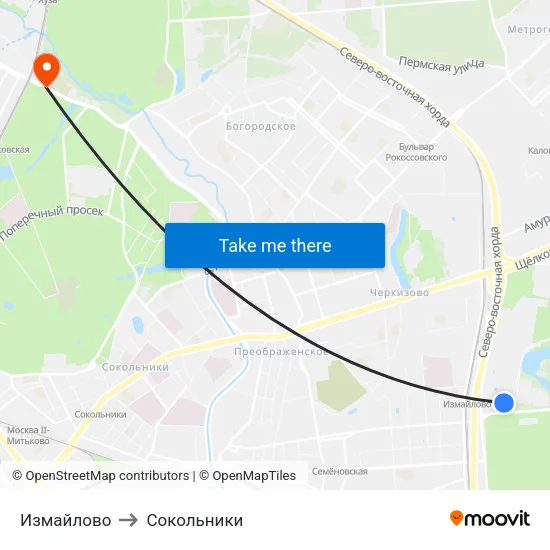 Измайлово to Сокольники map