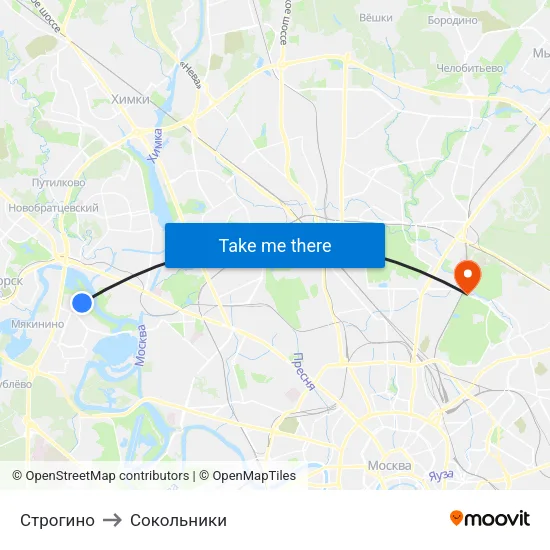 Строгино to Сокольники map