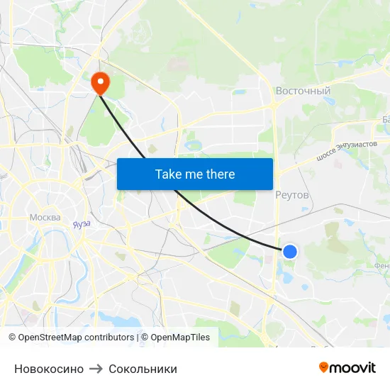 Новокосино to Сокольники map