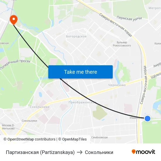 Партизанская (Partizanskaya) to Сокольники map